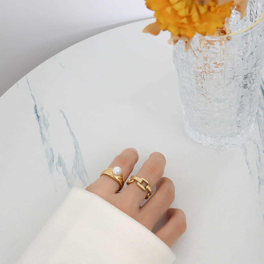 Geometric Square Overlay Ring For Women Titanium Steel Electroplated Wide Band Gold Or Steel Finish Jewelry Gift