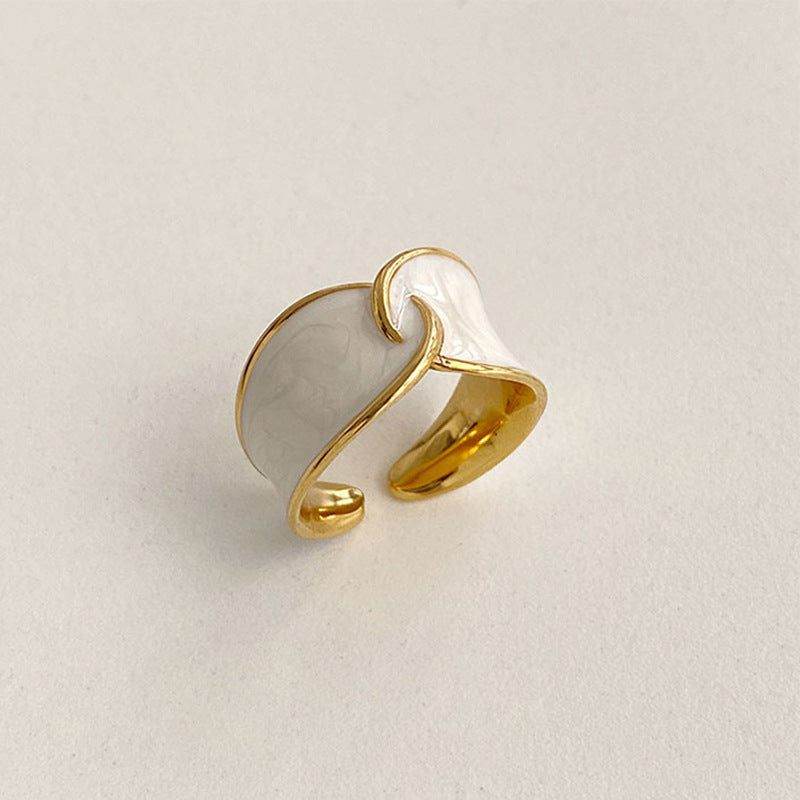 Womens French Retro Drip Glaze Enamel Ring Geometric Gold