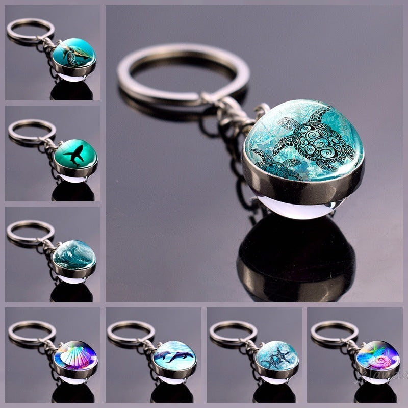 Double Sided Glass Ball Key Ring With Turtle Charm Time Gem
