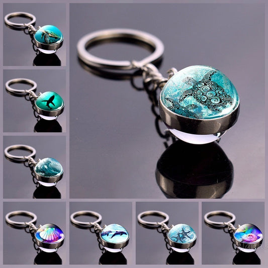 Double Sided Glass Ball Key Ring With Turtle Charm Time Gem