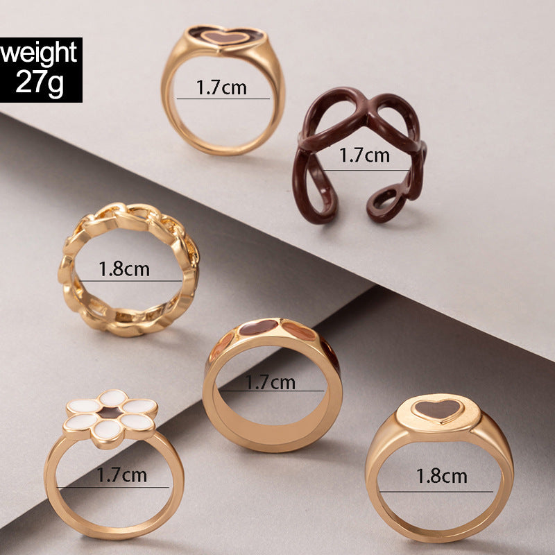Womens Fashion Rings Set Geometric Alloy Flower Design Drip Oil Treatment Costume Jewelry Brown Rings Drip Oil