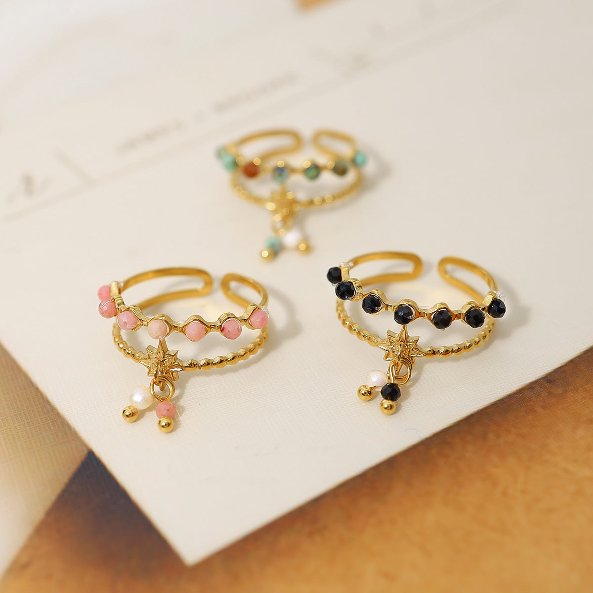 Womens Open Ring with Natural Stone and Tassel Pendant 18K Gold Plated Geometric Titanium Steel Finger Ring Girlish Vacation Jewelry for Women