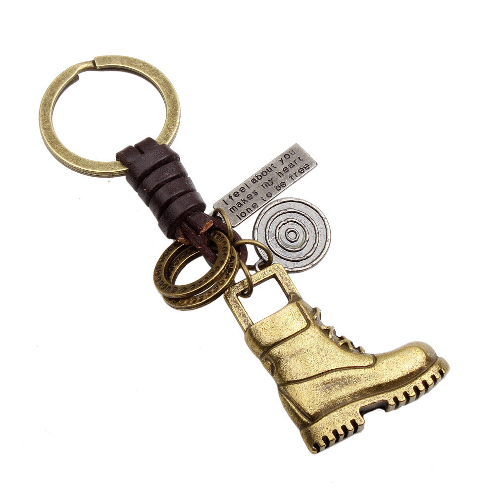 Braided Leather Car Keychain Antique Bronze Gold 11cm Long