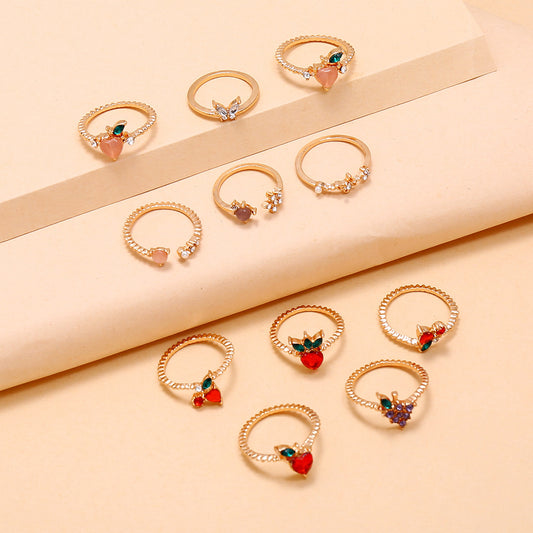 Womens 11 Piece Adjustable Alloy Ring Set With Apple Grape Cherry Peach Fruit Design Fashion Jewelry For Women