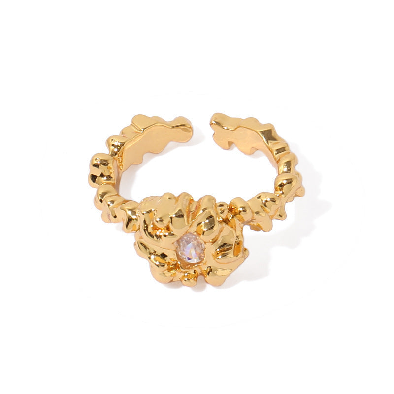 Womens Adjustable Ring Lava Design Zircon Inlaid Gold Plated Brass Ring With Rhinestones Geometry Gem Elements Jewelry