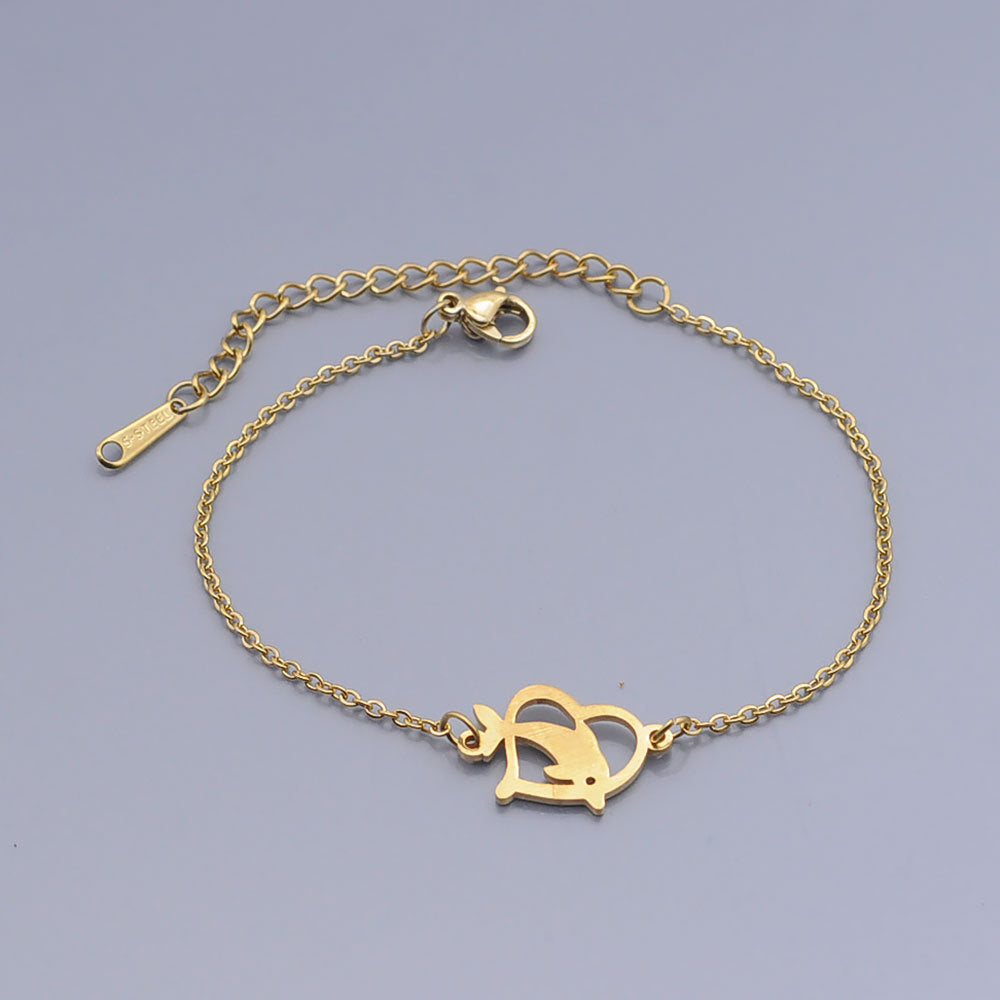 Womens Titanium Steel Bracelet Dolphin Pendant Zodiac Design Gold Finish Link Chain Jewelry For Women Everyday Wear