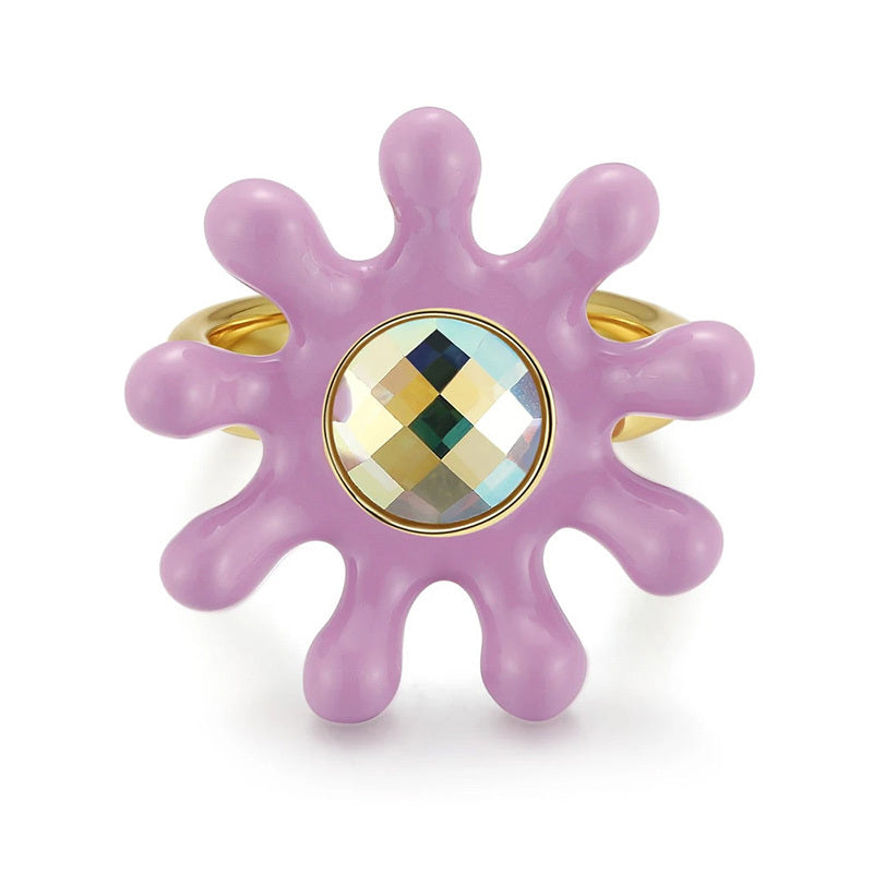 Zircon Purple Flower Ring Gold Tone Cocktail Jewelry Bohemian Vintage Fashion For Women Girls Dainty Accessory