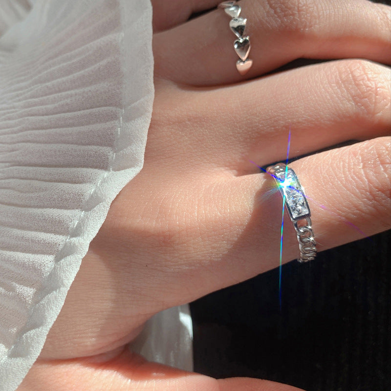 Womens Silver Ring Korean Texture Square Ring Diamond Chain Ring Electroplated Geometric Ring Adjustable Opening Ring Individually Packed Festival Ring