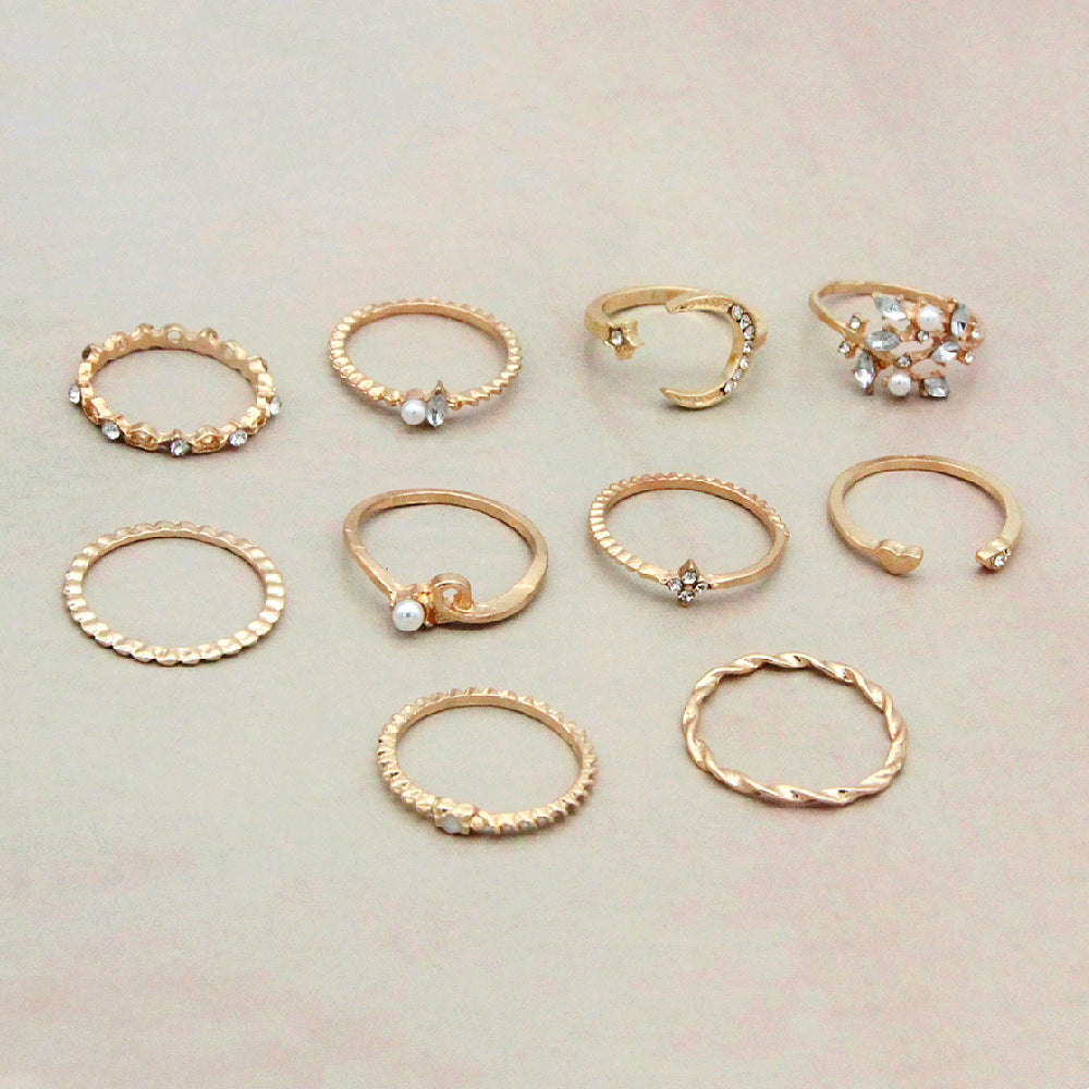 Gold Plated Ring Set Celestial Bohemian Jewelry Moon Star Leaf Knuckle Stackable Rings for Women Everyday Wear