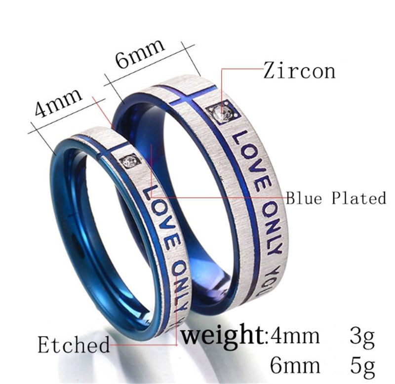 Stainless Steel Couples Rings Set For Him And Her Blue Plated With Diamond Love Engraving Simple Geometry BandsPro