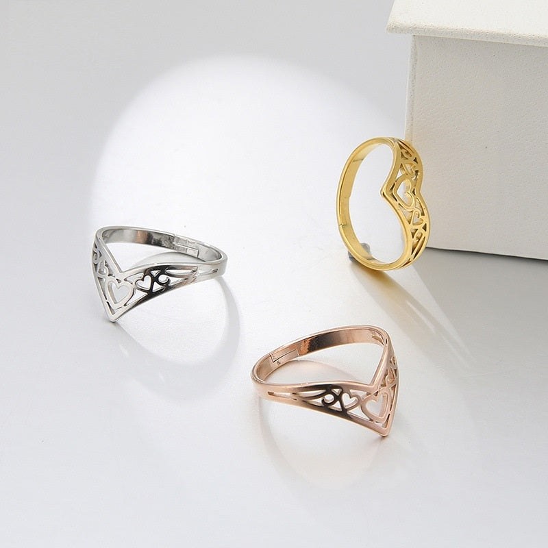 Womens Titanium Steel LoveHeart Ring Adjustable Opening Retro Ring With Metal Ethnic GeometricElements Fashion