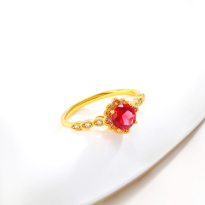 Womens Retro Pomegranate Ruby Artificial Gemstone Ring Four Claws Copper Alloy Elegant Durable Jewelry For Her