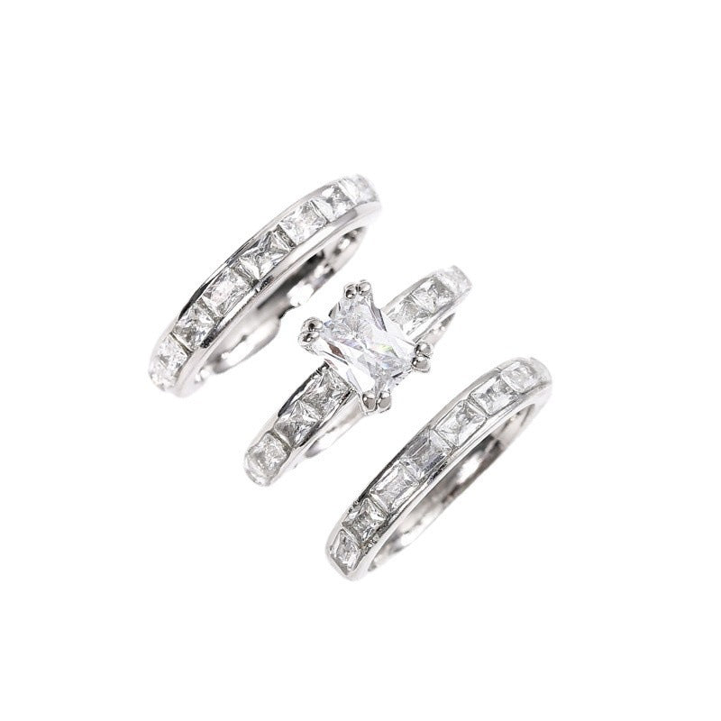 Womens Elegant Zircon Rings 3 Piece Set Unisex Geometric Alloy Electroplated Finish Jewelry Fashion Accessories