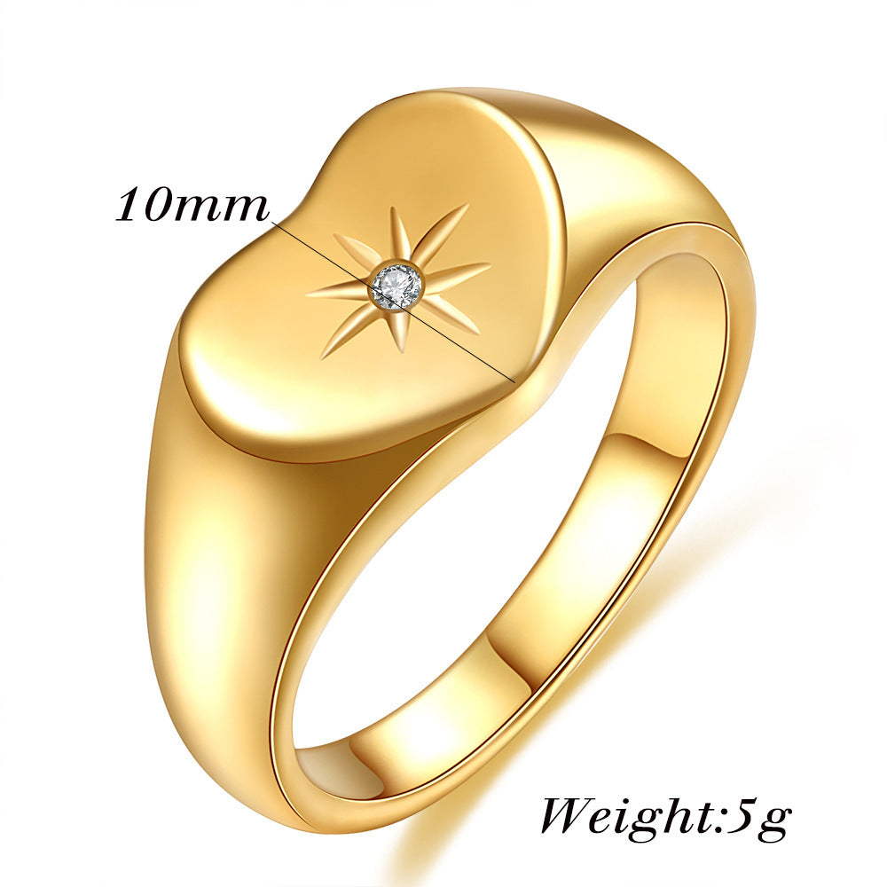 Heart Shaped Titanium Steel Ring Gold Plated Diamond