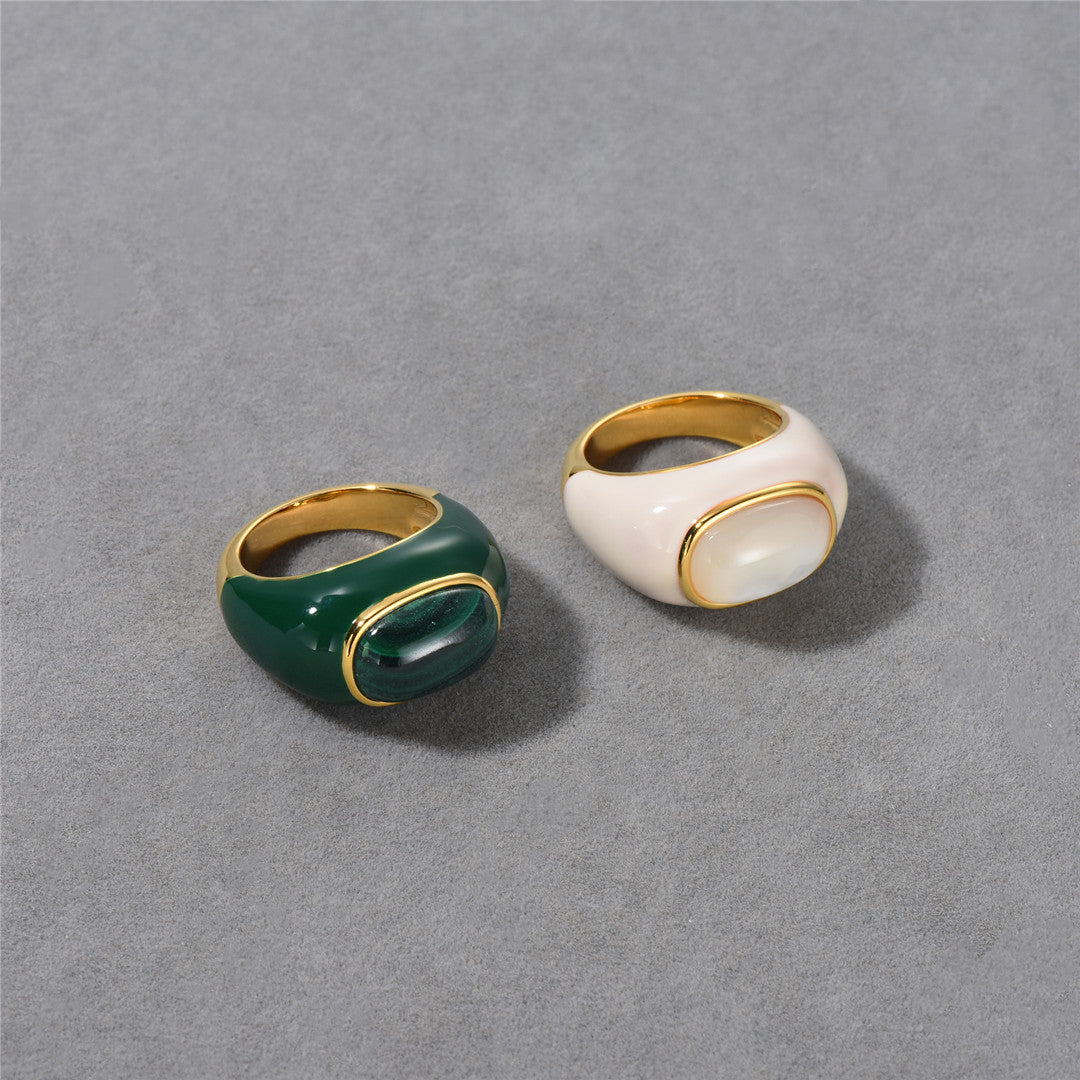 Geometric Ring In 18K Gold Plated Copper With Natural Malachite Inlay And White Shell Inlay For Women Timeless