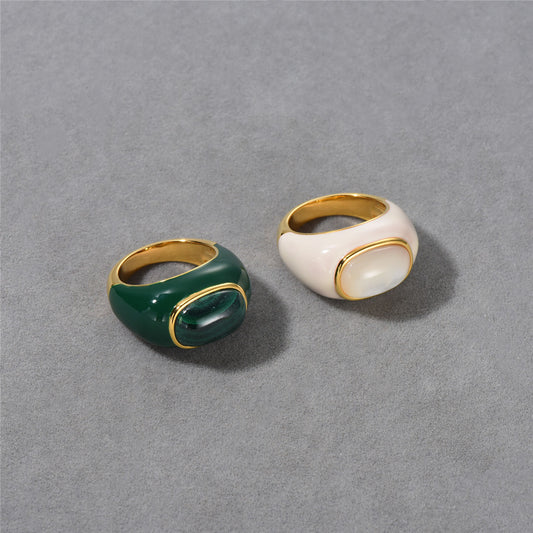 Geometric Ring In 18K Gold Plated Copper With Natural Malachite Inlay And White Shell Inlay For Women Timeless