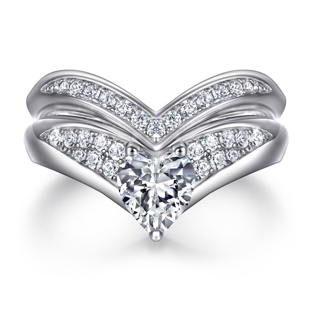 Heart Shaped Women Ring With Simulated Diamond In Sterling Silver Electroplated Silver Tone Of Anniversary Gift