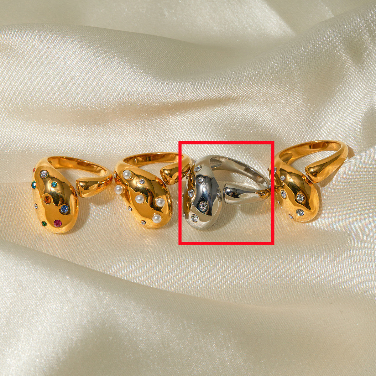 Geometric Color Diamond Ring In Gold Stainless Steel For Women And Girls Elegant Jewelry Exquisite Jewelry Set