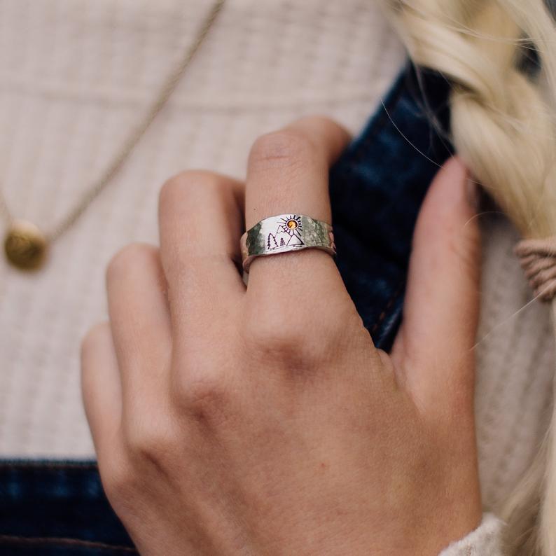 Womens Vintage Ring Silver Plated Alloyed Jewelry Geometric Design Sunset Valley Tree Ring Individually Packed