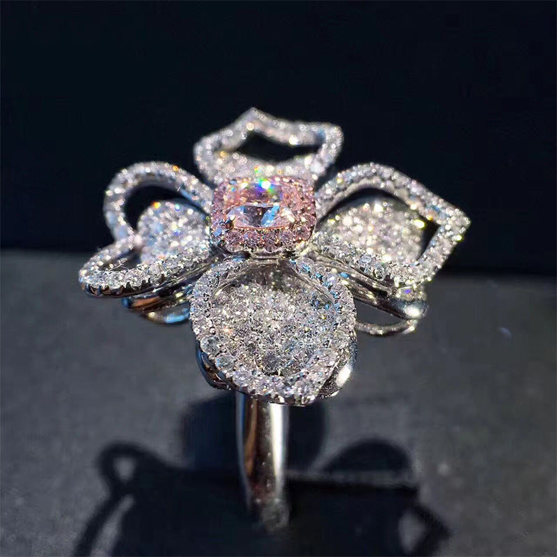 Four Leaf Clover Flower Full Diamond Ring Gold Plated Adjustable Opening Fashion Jewelry Statement Ring For Women