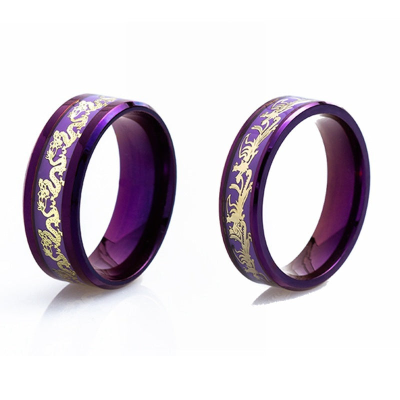 Purple Titanium Steel Rings for Women and Men Dragon Phoenix Design Electroplated Fashion Wedding Band Everyday