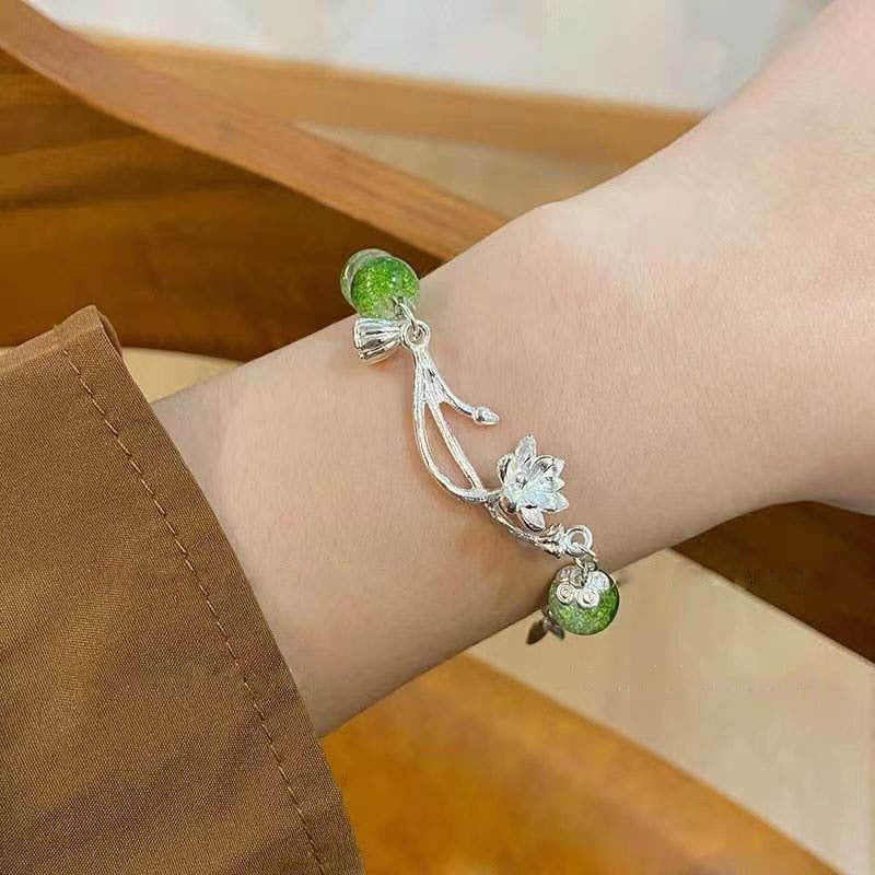 Womens Flower Bracelet Antique Alloy Design With Lotus Beaded Accent Adjustable Length For Women And Girls Art