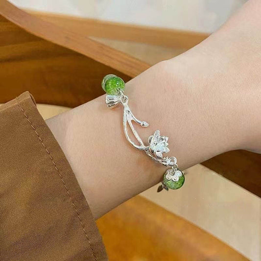 Womens Flower Bracelet Antique Alloy Design With Lotus Beaded Accent Adjustable Length For Women And Girls Art
