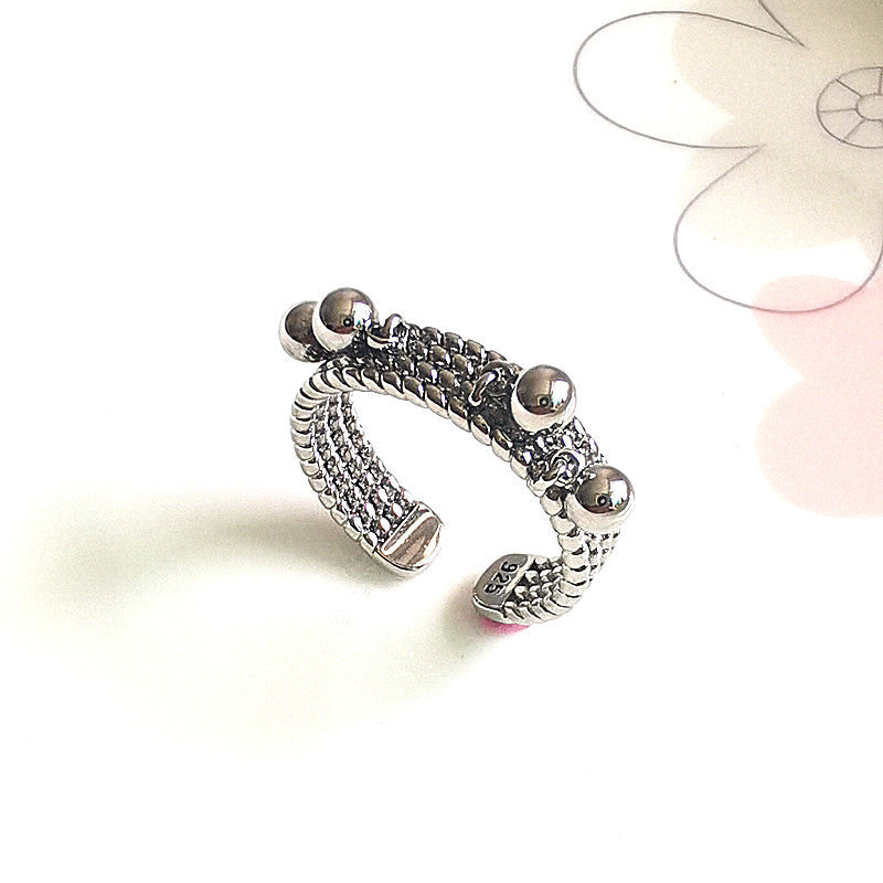 Thai Silver Four Bead Ring For Women Flexible Multilayer Jewelry For Everyday Wear Korean Japanese Style Charm