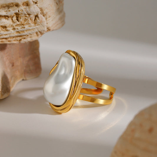 Gold Ring With Pearl Stainless Steel Adjustable Geometric Jewelry For Her Original Design Elegant Everyday Use