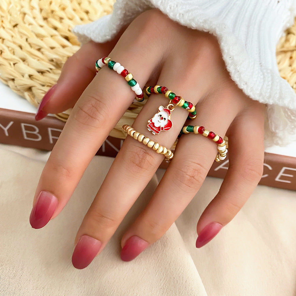 Holiday Alloy Ring Set With Snowflake Gift Box Elk Bell Santa Claus Designs Christmas Jewelry Delicate Glitter Finish 4