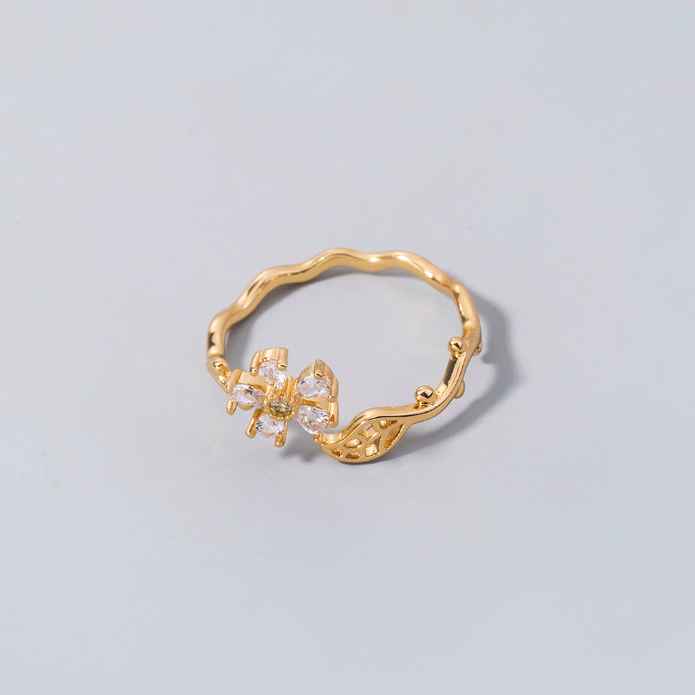 Womens Adjustable Four Leaf Clover Ring Zircon Open Design Electroplated Copper Ring Lucky Jewelry Gift For Her