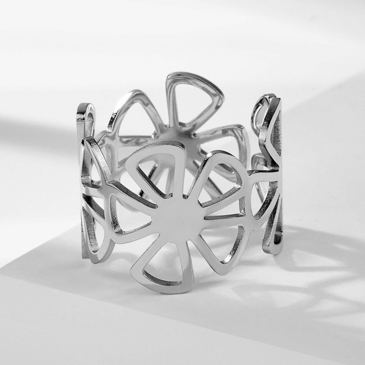 Unisex Stainless Steel Five Petal Flower Ring Adjustable