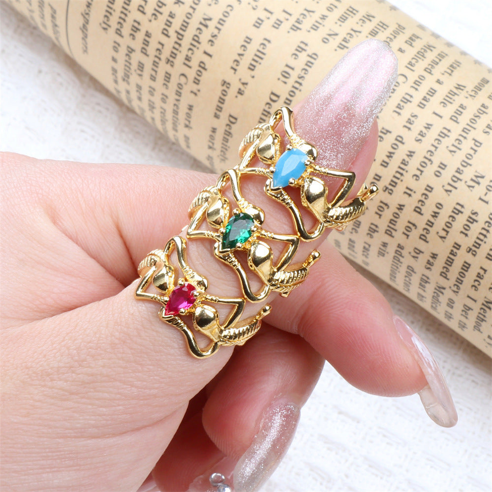 Gecko Ring Green Zircon Gold Plated Copper Adjustable