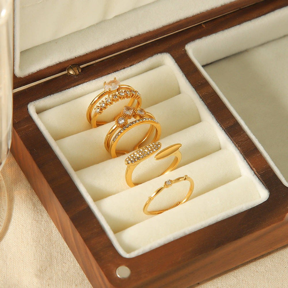 Retro Design Geometric Inlaid Zircon Stainless Steel Ring Open Mouth Split Ring Female Affordable Luxury Style