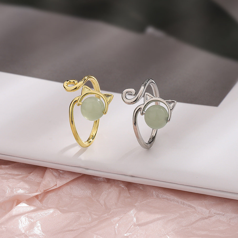 Adjustable Opening Copper Cat Ear Ring With Artificial Jade Accent Electroplated For Women Fashion Jewelry Collection