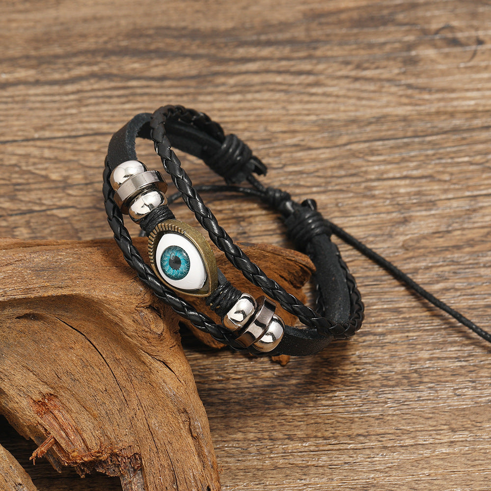 Unisex Vintage Leather Bracelet With Alloy Eyes PU Braided Beads Cowhide Wristband Braided Wrist Jewelry For Men