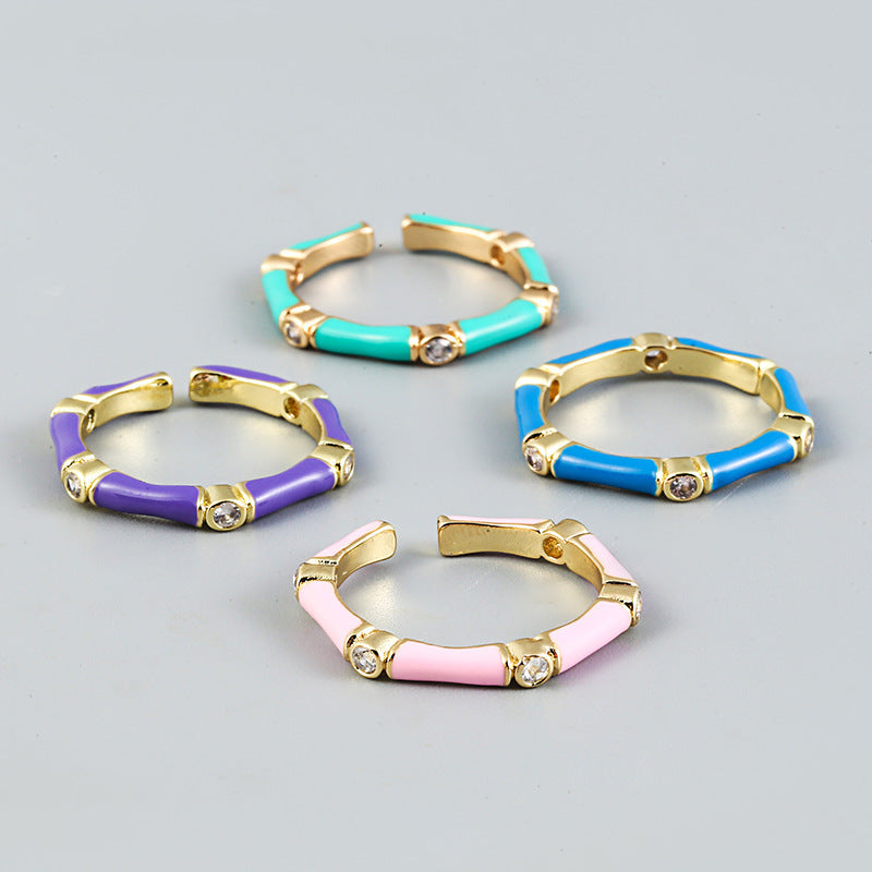 Womens Ring Zircon Set Drip Oil Copper Bamboo Design Adjustable Fashion Accessory Durable Statement Piece Size