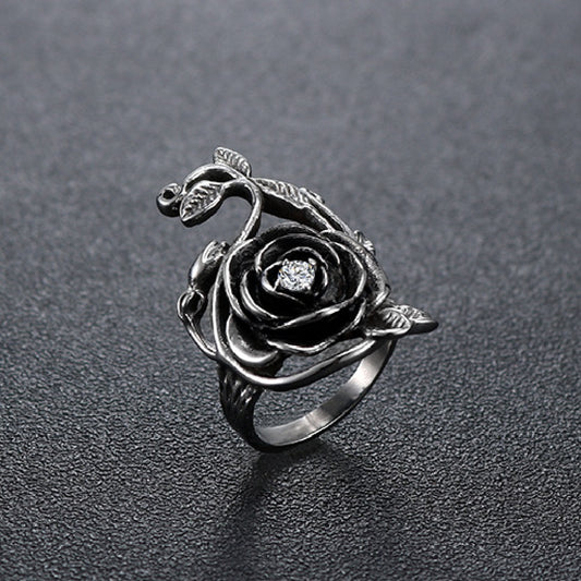 Black Rose Stainless Steel Band Ring With White Diamonds