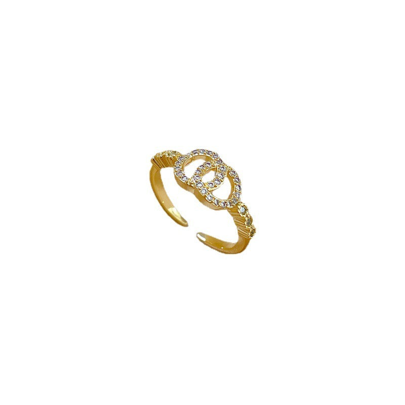 Gold Plated Double Ring Classic Style Micro Inlay Light Luxury Ring For Women Adjustable Elegant Everyday Item