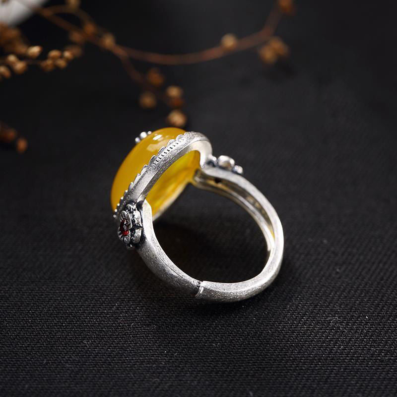 White Plated Gold Pomegranate Red Canary Stone Vintage Plum Blossom Unisex Ring Adjustable Size Timeless Style