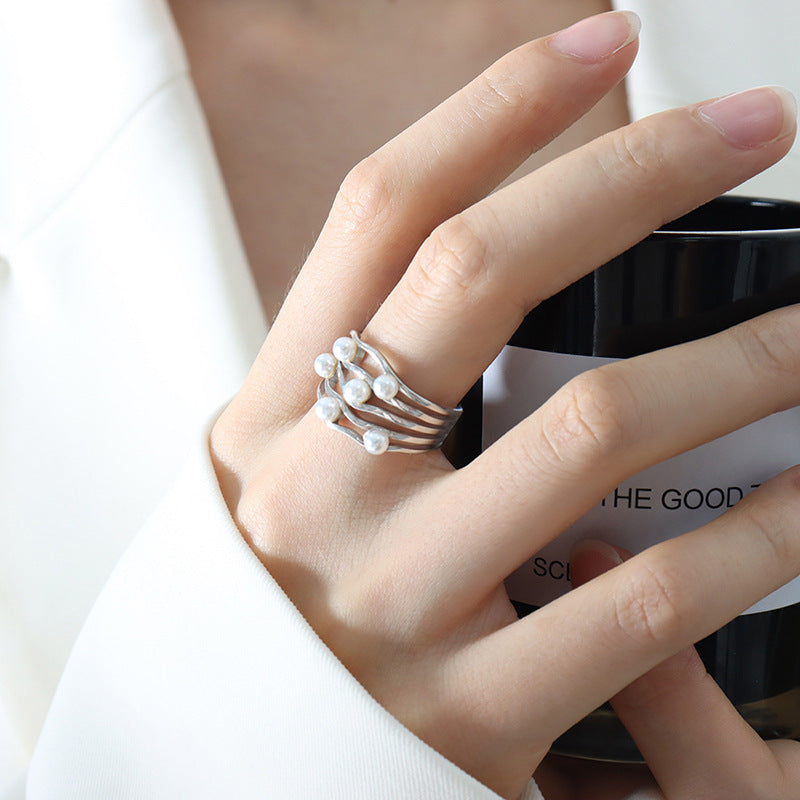 Vintage Ripple Wave Pearl Ring Titanium Steel Gilding