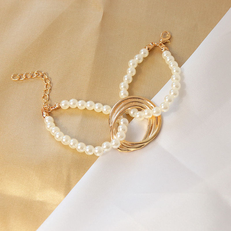 Womens Pearl Geometric Bracelet Electroplated Gold Finish Alloy Jewelry Adjustable Circumference 17 5cm Finish