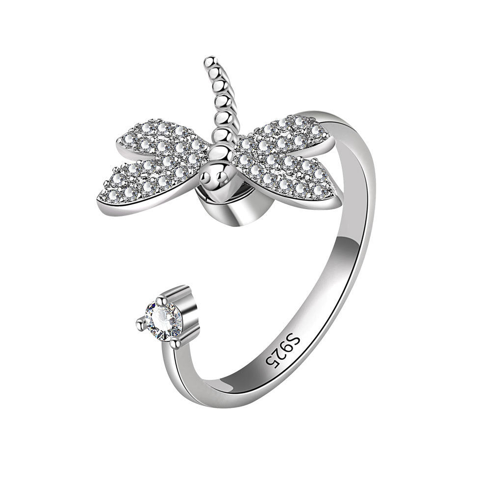 Rotating Dragonfly Zircon Ring White Gold Finish Adjustable