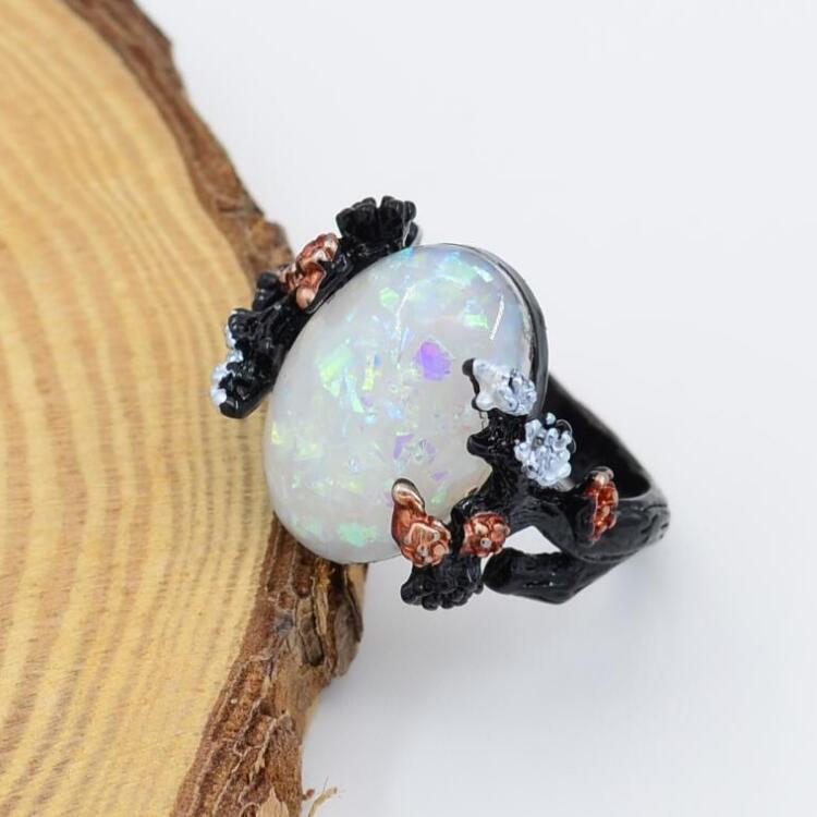 Vintage Flower Opal Ring In Black Gold Finish With Geometric Design Sizes 6 7 8 9 10 With Elegant Details Soon