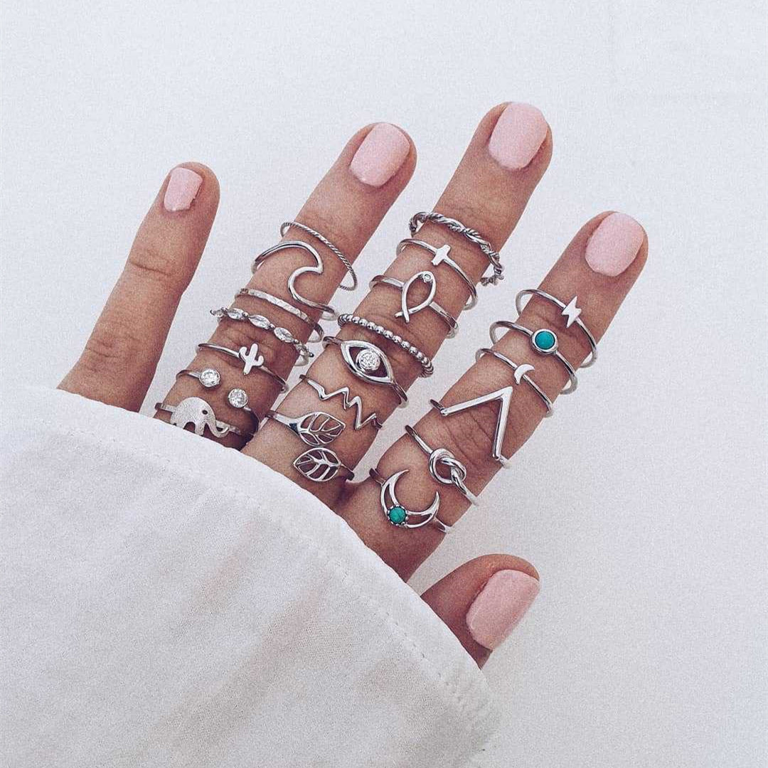 Bohemian Gold Plated Ring Elephant Moon Geometry Knuckle