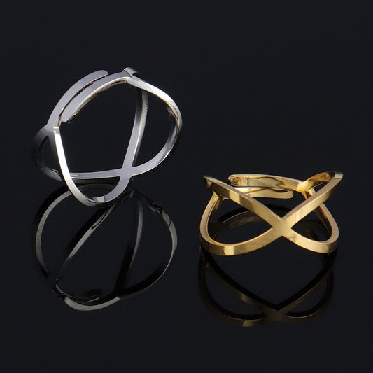 Womens Adjustable Stainless Steel Cross Ring Geometric Line Design Jewelry Gold Tone Silver Tone Statement Ring