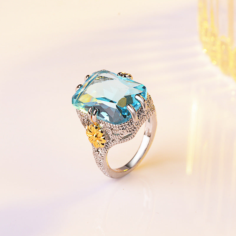 Elegant Ocean Blue Diamond Ring for Women Geometric Band