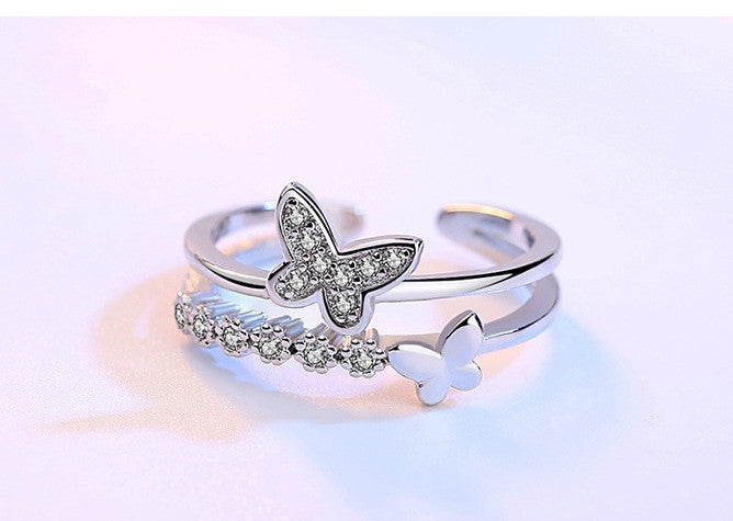 Heart Shaped Butterfly Zircon Ring With White Diamond Accents Tail Ring Design Electroplated Metal Alloy Style