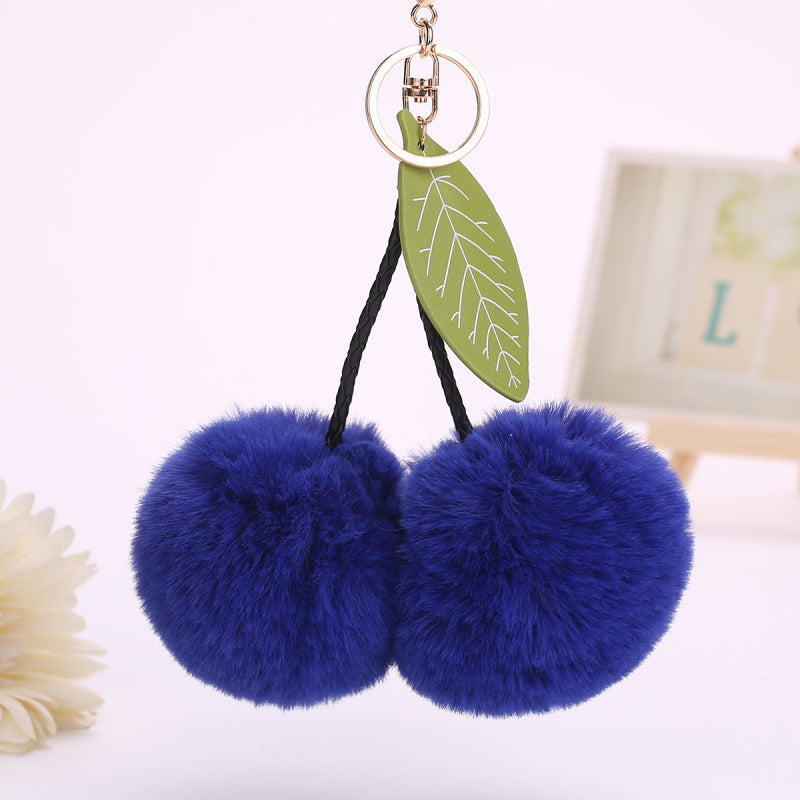 Womens Plush Cherry Keychain Cute Fruit Hair Ball Pendant Fluffy Pom Pom Handbag Charm Fashion Accessory Girls