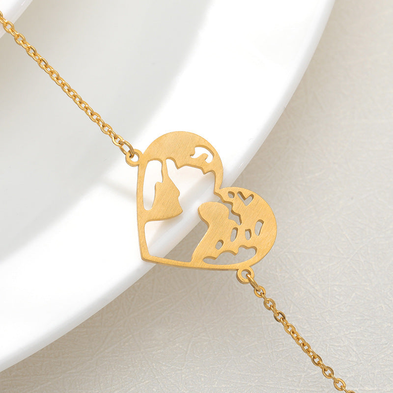 Womens Heart Shaped World Map Pendant Bracelet Stainless Steel Adjustable Chain Heart Fashion Jewelry Gift For